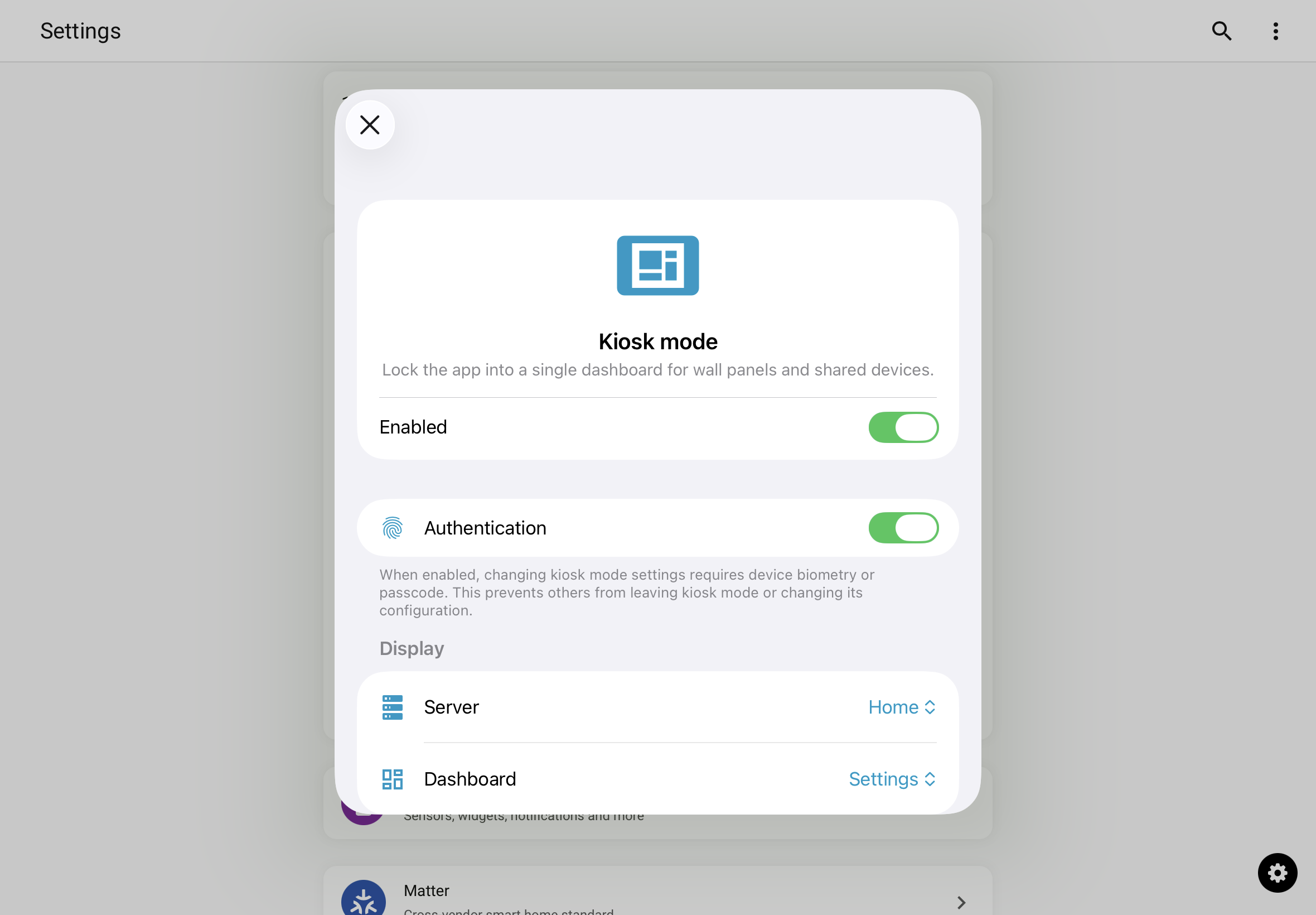 Kiosk mode settings showing the Enabled and Authentication toggles and the Display section